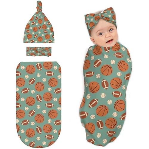 Football Baseball Soccer Basketball Baby Stuff Newborn Swaddle Blanket with Beanie Hat and Headband Set,Baby Swaddle Blanket Gifts for Infant Shower Boys Girls