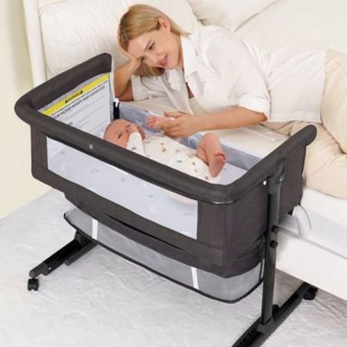 Semphis Baby Bassinet Foldable Portable Bedside Crib,Storage Basket Breathable Mesh,Dark Grey