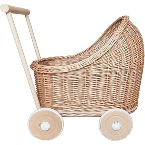 Natural Rattan Doll Stroller - Hand Made in Europe - Fits 17" Dolls & Plush Toys - Wicker Doll Pram & Baby Walker with Bedding Set - Perfect for Imaginative Play |Natural with Baige Bedding