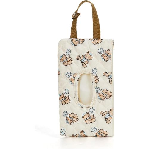 Quilted Baby Wipe Holder Quilted Wipe Pouch Portable Hanging Floral Wet Wipes Bag for Car, Stroller (Bear 2)