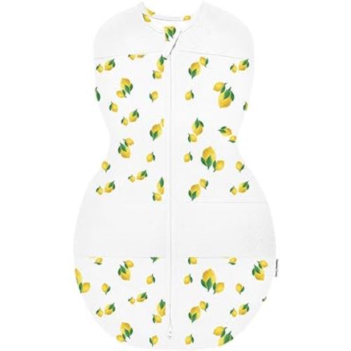 Happiest Baby Sleepea 5-Second Swaddle - 100% Organic Cotton Baby Swaddle Blanket - Doctor Designed Promotes Healthy Hip Development (Ivory Lemons, Medium)