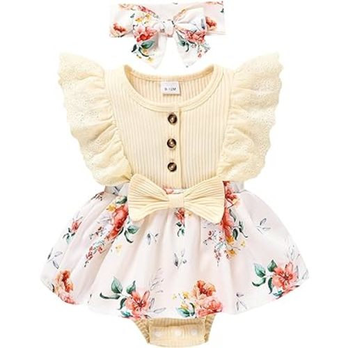 Sinhoon Ruffled Romper Floral Bodysuit Heaedband Set