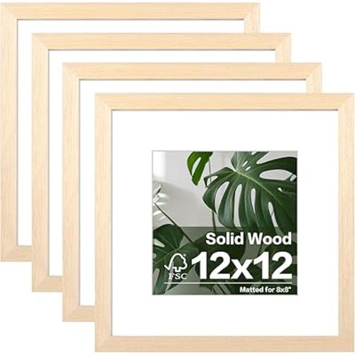 Egofine 12x12 Picture Frames Made of Solid Wood with Plexiglass, Display Pictures 8x8 with Mat or 12x12 Without Mat Set of 4 for Tabletop and Wall Mounting, Oak Wood