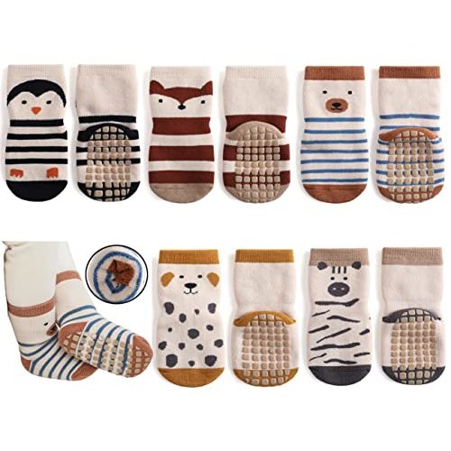 Exegawe Baby Non Slip Socks Winter 5 Pairs Kid Thick Warm Crew Socks with Grips