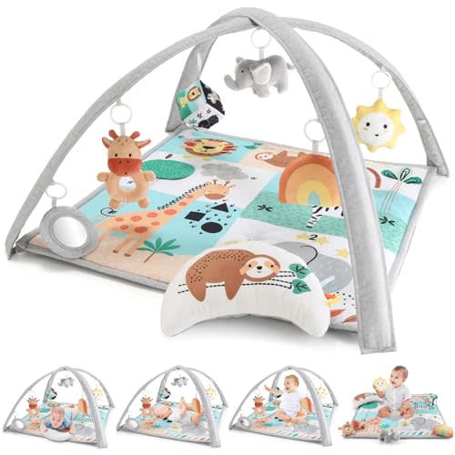 The Peanutshell Unisex Baby Play Gym & 7-in-1 Play Mat - Playmat Baby Toys 0-6, 6-12 Months Tummy Time Mat with Hanging Toys, Soft Padded Mat for Newborns, Infants - Safari