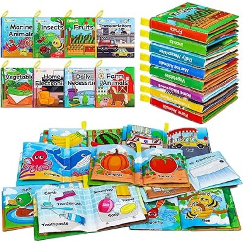 Dr.Rapeti Soft Cloth Books Baby Books Bath Books 8-Pack for Baby Infant Toddler Kid Crinkle Washable Chewable Early Educational Preschool Learning Giftable