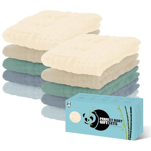 HIPHOP PANDA 10 Pack 6-Layers Muslin Burp Cloths Large - Durable 100% Cotton - Extra Absorbent and Soft Boys & Girls Rags for Newborn Registry (Ivory+Brown+Green+Grey+Slate, 20" X10")