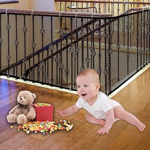 JIFTOK Baby Gate for Stairs, Banister Guard for Kids, Pets, Toys, 10ft L x 2.66 ft H, Mesh Netting Safety Net for Balcony Rail Stair, Stairway Net Baby Safety Products for Indoor & Outdoor (Black)