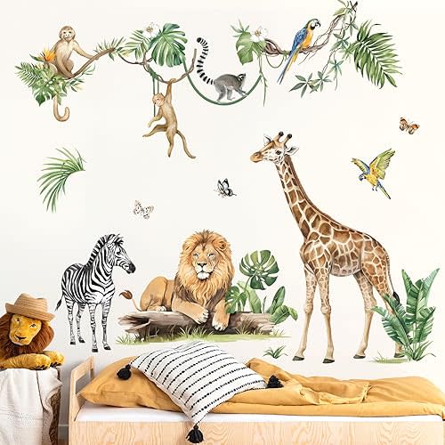 decalmile Large Jungle Animal Tropical Leaves Wall Decals Safari Tree Lion Giraffe Monkey Wall Stickers Baby Nursery Kids Bedroom Living Room Wall Decor