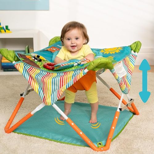 Bright Starts Pop 'N Jump Portable Baby Jumper, Foldable Indoor/Outdoor Baby Jumper with Owl Forest Sensory Activities, Ages 6–12 Months