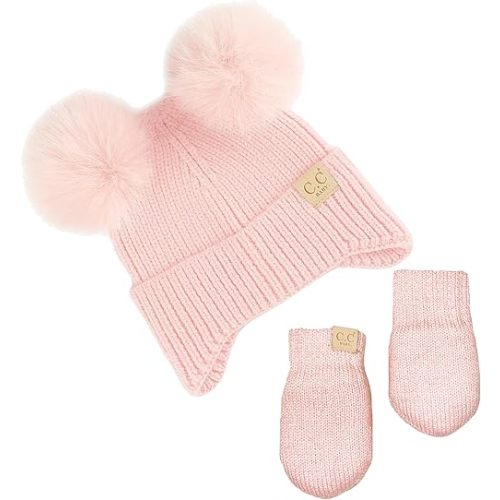 Funky Junque Baby Pom Beanie & Fleece Mittens Set - Warm Winter Essentials - Spring Colors, Classic Neutrals, Pattern Styles