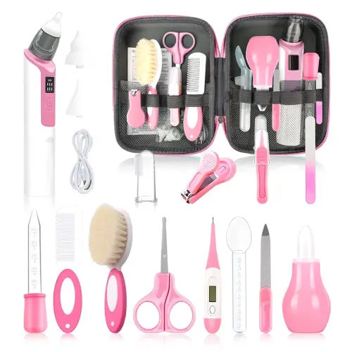 Baby Grooming Kit, Infant Safety Care Set with Baby Nose Aspirator,Baby Hair Brush Comb Nail Clipper Nasal Aspirator,Baby Essentials Kit for Newborn Girls Boys (17 Pc Pink Kit)