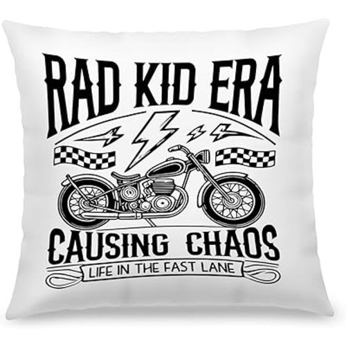 Rad Kid Era Boys Motorcycle Pillow Covers 18x18, Toddler Boy Room Decor, Funny Gifts for Kids Son Boys, Trendy Retro Checkered Racing Flag Decorative Throw Pillow Covers for Home Man Cave