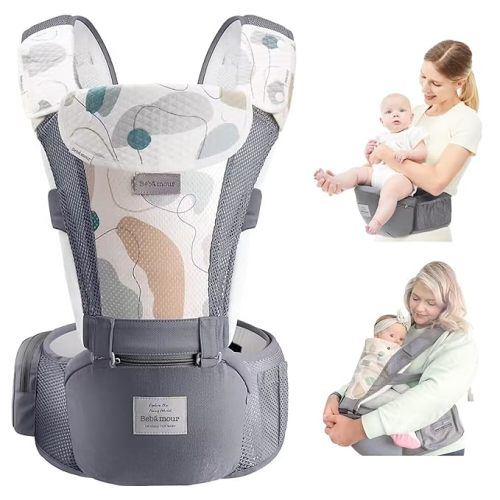 Bebamour Baby Carrier Newborn to Toddler-2 in 1 Hip Seat & Carrier Front and Back Carry with Head Hood & 3 Pieces Teething Pads& Waist Extenders & Storage Bag 0-36 Months (Grey)