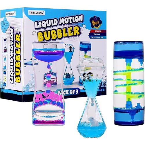 XINBAOHONG Liquid Motion Bubbler for Kids and Adults 3-Pack Hourglass Liquid Bubbler Timer for Sensory Play Fidget Toy Stress Management Desk Decor