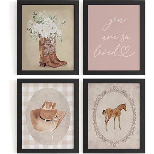 WXHUM Boho Pink Western Cowgirl Room Decor Wall Art Prints Set of 4, You Are So Loved Floral Cowboy Hat Boots Horse Posters Wall Decor for Girls Room Nursery Bedroom, 8x10 inch Unframed