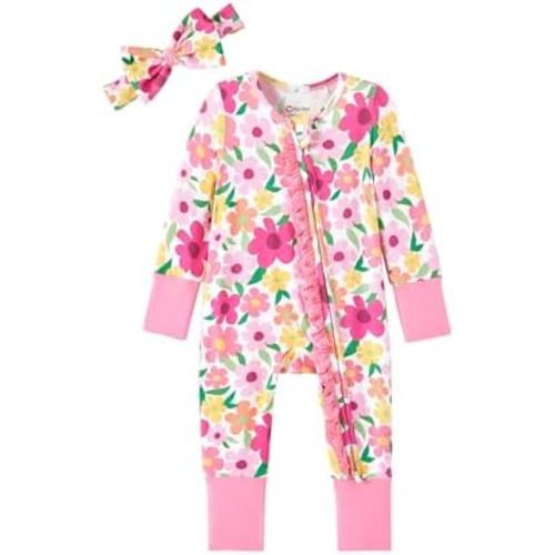 PATPAT Baby Footie Girls - Supersoft Bamboo Viscose - Unisex Infant Clothes - 2 Way Zipper & Mitten & Ruffle Trim & Headband
