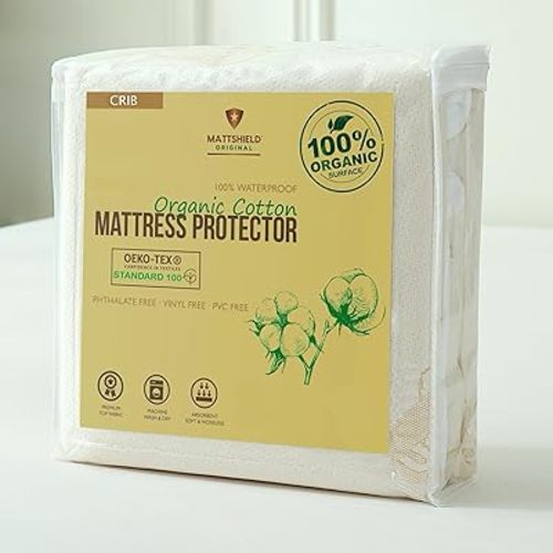 Deluxe Waterproof Organic Crib Mattress Protector - Certified Organic Cotton Crib Mattress Pad & Cover - Breathable, Skin-Friendly, Premium 280GSM Knitted Jacquard, Jersey Cotton Skirt