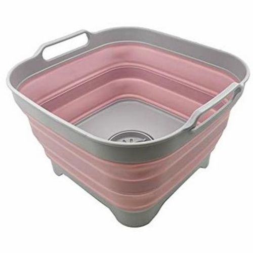 SAMMART 10L (2.64 Gallon) Collapsible Dishpan with Draining Plug, Grey/Pale Pink