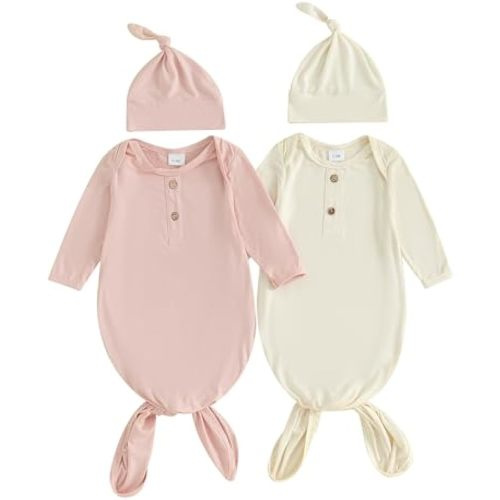 Merqwadd Newborn Knotted Gown 2 Pack Plain Sleeper for Baby Boy Girl Coming Home Outfit