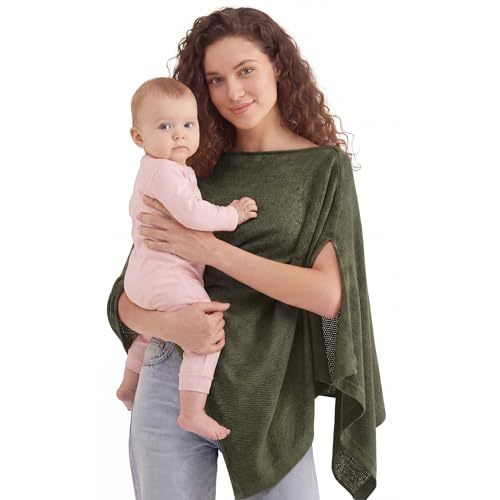 PATPAT Nursing Cover for Breastfeeding, Soft Breathable Privacy Poncho, Multi-Use Solid Knit Breastfeeding Cover for Moms, Portable Nursing Shawl & Baby Blanket (Olive Green)