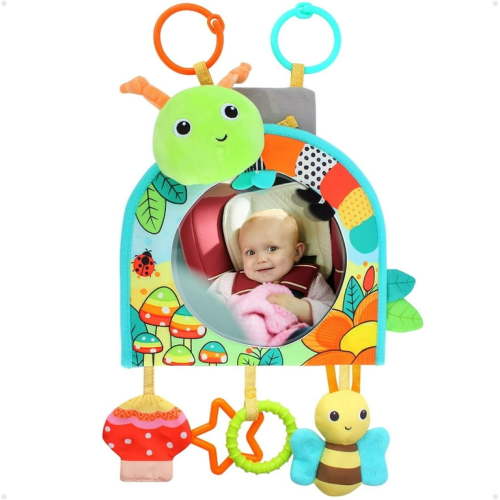 Baby Car Seat Toy with Mirror Rear Facing Mirror Car Seat Toys with Teether Crinkle Paper Hanging Toy for Car Crib Stroller Tummy Time Toys for 0-6 Months Baby Infant Girls Boys