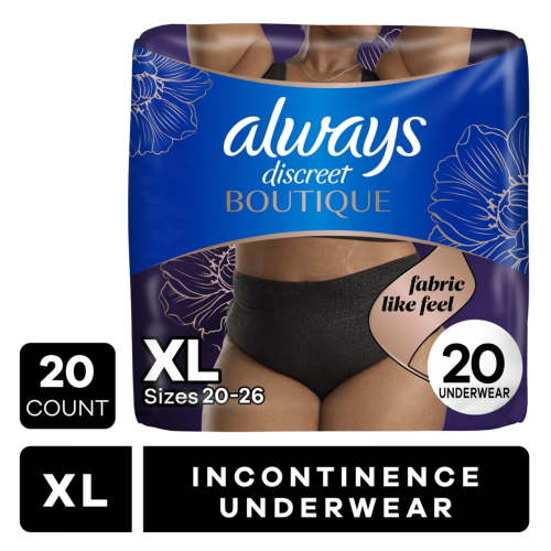 Always Discreet Boutique Incontinence and Postpartum Underwear for Women, Maximum Protection, XL, Black, 20 Count