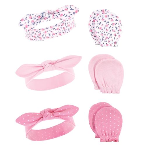 Hudson Baby Infant Girl Cotton Headband and Scratch Mitten 6pc Set, Blue Pink Floral, 0-6 Months - Blue Pink Floral