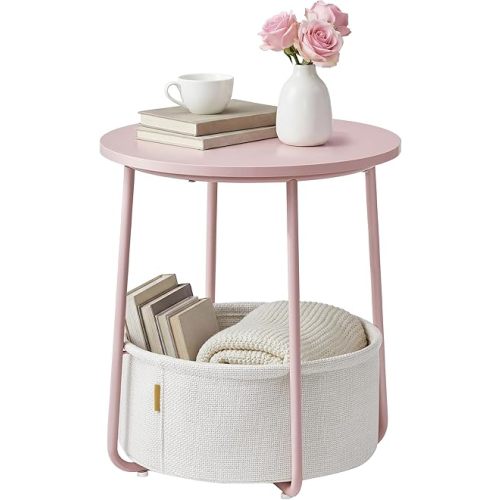 SONGMICS Home Small Side Table, Round End Table, 2 Tier Nightstand with Basket, U Shaped Steel Legs, Easy Assembly, for Living Room, Bedroom, Pink and White