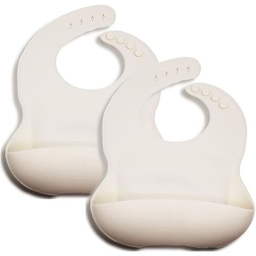 SMPL Set of 2 Premium Adjustable Baby-to-Toddler Silicone Bibs with Buttons Catch-All Pocket - Milky White