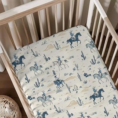 Watercolor Western Cactus Horses Mountains Pattern Baby Sheets for Crib, Unisex Western Nursery Fitted Bed Sheet for Boys Girls Standard Crib and Toddler Mattress-28x52