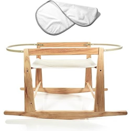 Moses Basket Stand - Wooden Rocking Moses Basket Stand for Baby Bassinets - Adjustable Bassinet Rocker Crafted From Natural Wood - Perfect For Newborns - Includes Bonus Change Mat -Basket Not Included