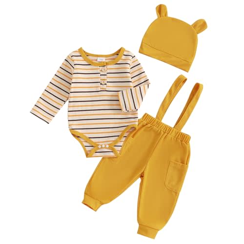 Newborn Boy Girl Outfit Baby Overalls Clothes Set Infant Suspender Pant Long Sleeve Button Romper and Hat 3PCS