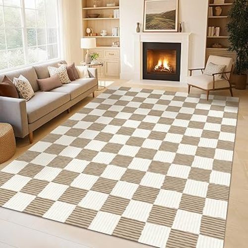 Checkered Area Rug 5'×7' Brown Washable Large Living Room Rug Geometry Neutral Line Non-Slip Soft Bedroom Carpet Dining Room Nursery Home Office Indoor Decor