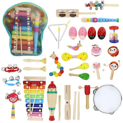 Acorn Baby Music Instrument Set - Wooden Toy Musical Instruments 28 Piece Percussion Set with Backpack to Play and Learn