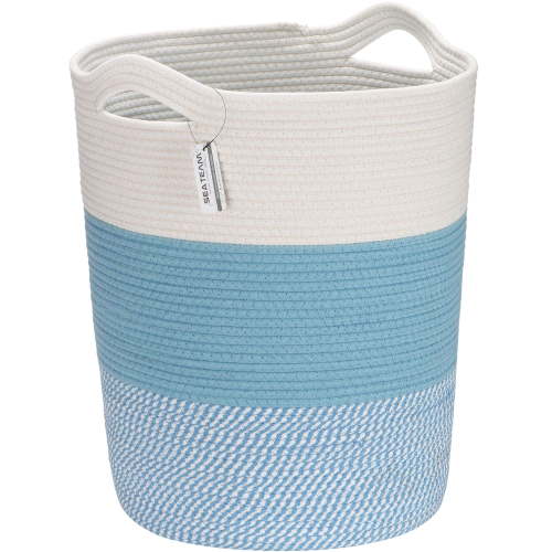 Sea Team Large Size Cotton Rope Woven Storage Basket Laundry Hamper with Handles, 14 x 20 inches, White & Mottled Blue