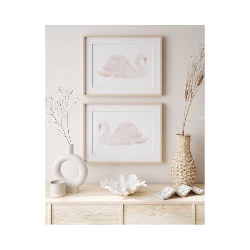 Watercolor Swan Painting, Minimalist Wall Decor, Set of 2 Prints, Horizontal Artwork, Two Extra Large Prints, Blush Pink Art