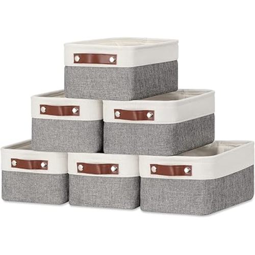 DULLEMELO Small Storage Baskets 6 Pack, Fabric Collapsible Gift Storage Baskets for Shelves, Closets, Nursery, Home, Office Organizing,Small Canvas Linen Rectangular Storage Bins (6-Pack, White&Grey)