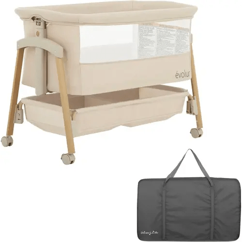 évolur Lullaby Portable Bassinet with Wheels, Adjustable Bedside Sleeper, Breathable Mesh Sides, Large Storage Basket, Easy Fold, and Travel Bag Included, Perfect for Newborns & Infants - Biege