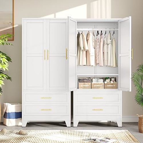 Metal Armoire Wardrobe Closet Storage Cabinet with Hanging Rod,71'' Metal Wardrobe Cabinet with 2 Drawers and Adjustable Shelf,2 Drawers for Bedroom, Laundry Room, Cloak Room