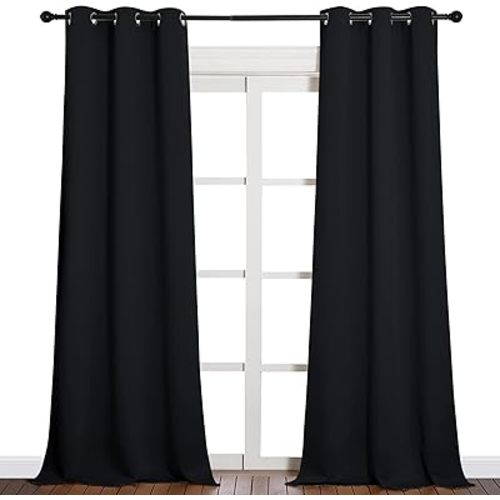 NICETOWN Halloween Black Out Curtain Panels - Home Decoration Thermal Insulated Solid Grommet Blackout Curtains/Drapes for Hall/Dining Room (Set of 2, 42 inches by 90 Inch, Black)