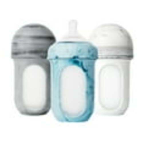 Boon NURSH Reusable Silicone Pouch Baby Bottles, Medium Flow Stage 2, 8 Oz, Marble, Pack of 3
