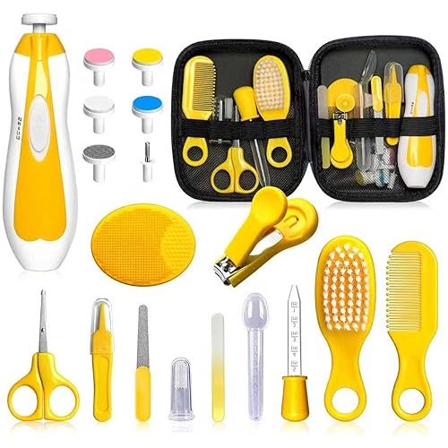 Baby Grooming Kit - 19 in 1 Nursery Essentials Baby Registry Shower Gift for Newborns, Infants, Toddlers, Boys, Girls Kids-Safety Baby Comb, Brush, Finger Toothbrush, Nail Clippers, Scissors(Yellow)