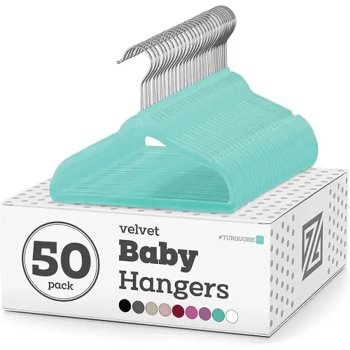 Zober Velvet Baby Hangers for Closet - Pack of 50 Non Slip Toddler Hangers for Shirts, Pants & Dresses w/Swivel Hook - Durable Infant Hangers w/Notches - Small Kids Hangers - Turquoise