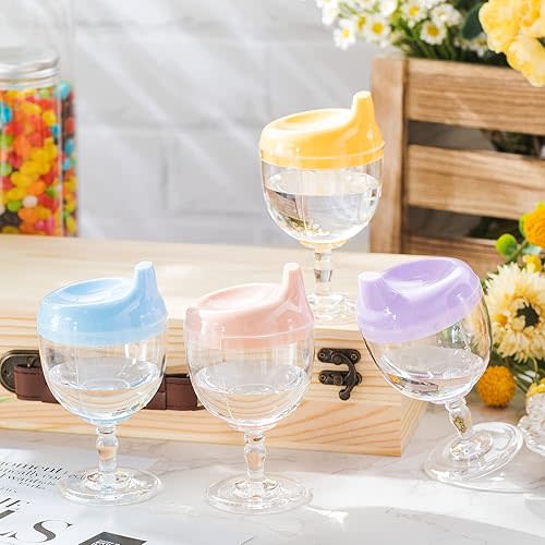 4 Pcs Baby Wine Sippy Cup Goblet Plastic Wine Glass Sippy Cup Beverage Mug Milk Bottles with Lid Baby Stemware for Toddlers Kids Birthday Christmas Party Celebration, Blue, Pink, Yellow, Purple