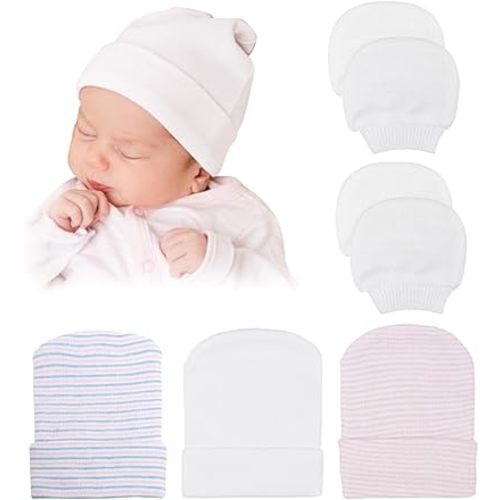 DRESHOW BQUBO Newborn Hospital Hat and Mittens Infant Baby Beanie Soft Cotton Cute Knot Nursery Cap for 0-6 Months Girls Boys
