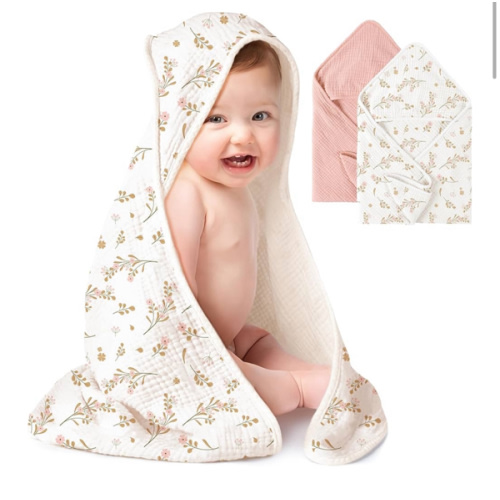 Konssy 2-Pack Muslin Hooded Baby Towels, 100% Cotton, Ultra-Soft & Absorbent Baby Bath Towels with Hood for Newborn & Infant (Pink, Floral,32" x 32")
