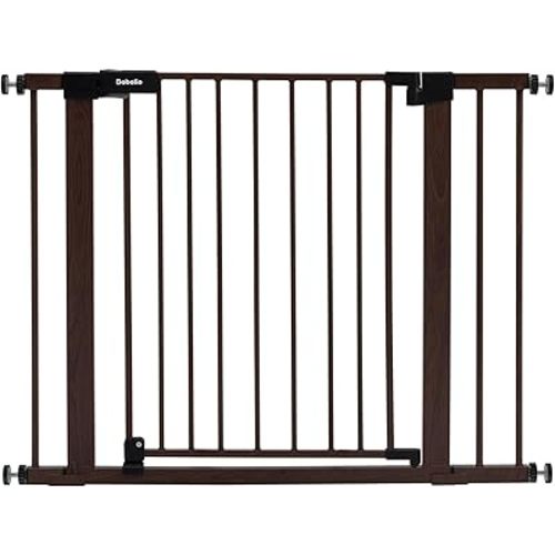 BABELIO 29-40" Metal Baby Gate with Black Wood Pattern, Auto Close Dog Gate for The House、Stairs and Doorways, Pressure Mounted Pet Gate with Door, with Wall Protectors and Extenders