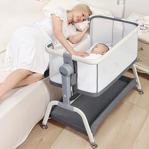Bedside Cribs 3 in 1 Baby Bassinet Bedside Sleeper with Adjustable Height Easy Folding Portable Crib Comfy Mattress and Wheels - Gray