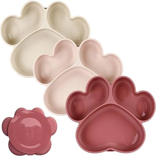 Silicone Kid’s Personalized Plate,3 Pack Suction Plates for Babies & Toddlers Bear Claw Shape Divided Suction Plates for Baby, Food Grade Silicone Plates, BPA-Free, Microwave,Baby Led Weaning (Pink)